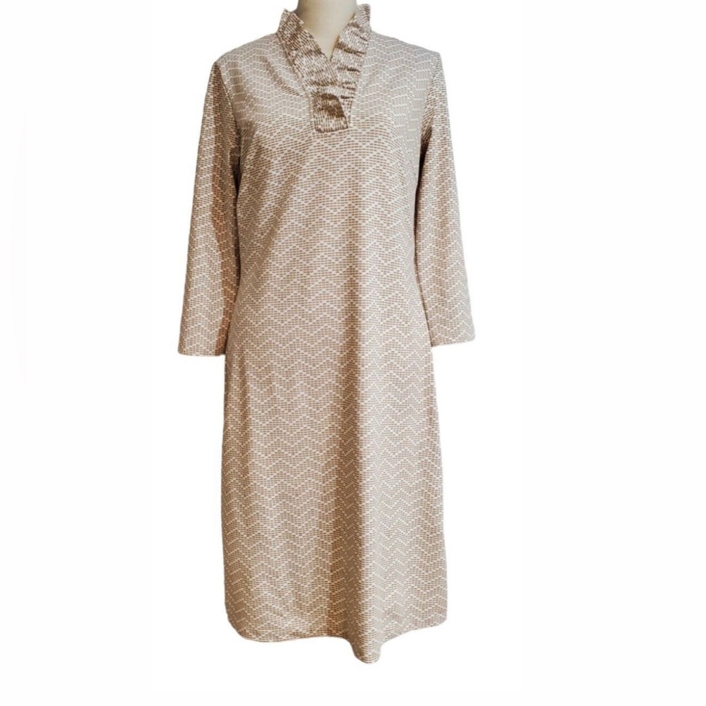 J McLaughlin Catalina Cloth Wheat Geometric Durham Ruffle Neck Sheath Dress M